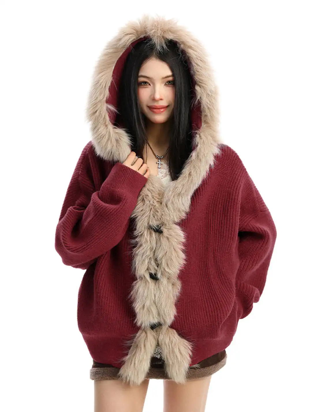 BIGGOLD | Fur Trimmed Hood Knit Sweater