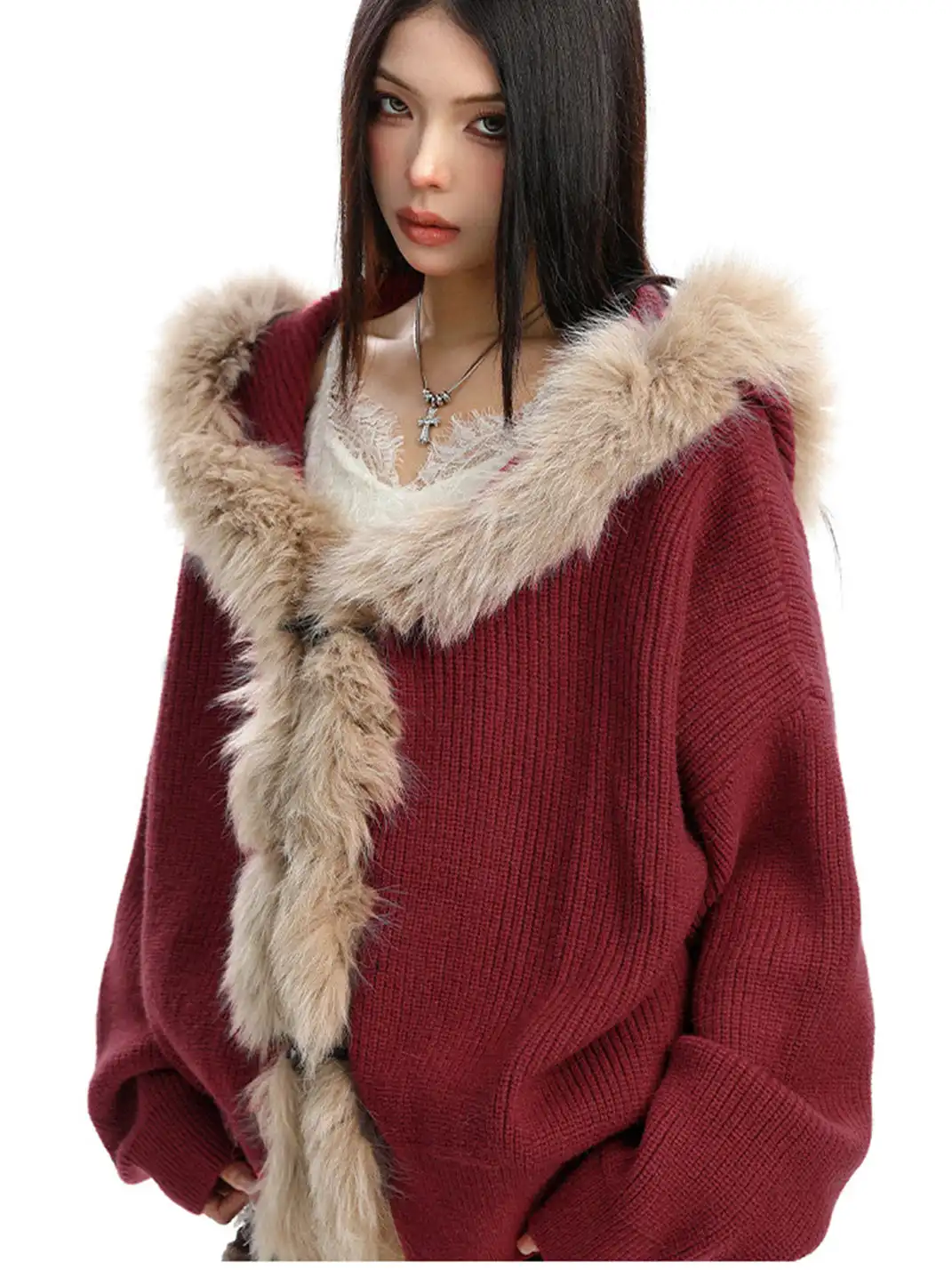 BIGGOLD | Fur Trimmed Hood Knit Sweater