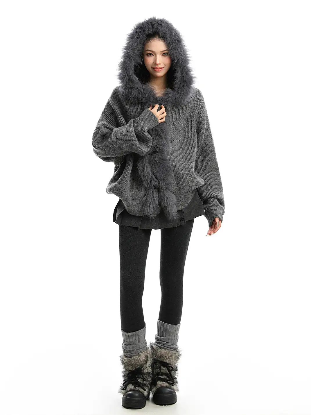 BIGGOLD | Fur Trimmed Hood Knit Sweater