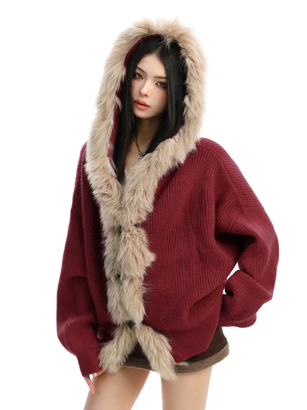 BIGGOLD | Fur Trimmed Hood Knit Sweater