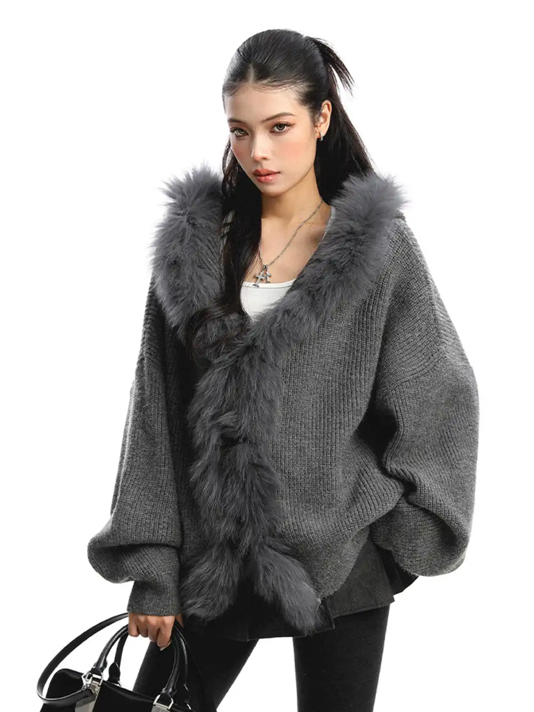 BIGGOLD | Fur Trimmed Hood Knit Sweater