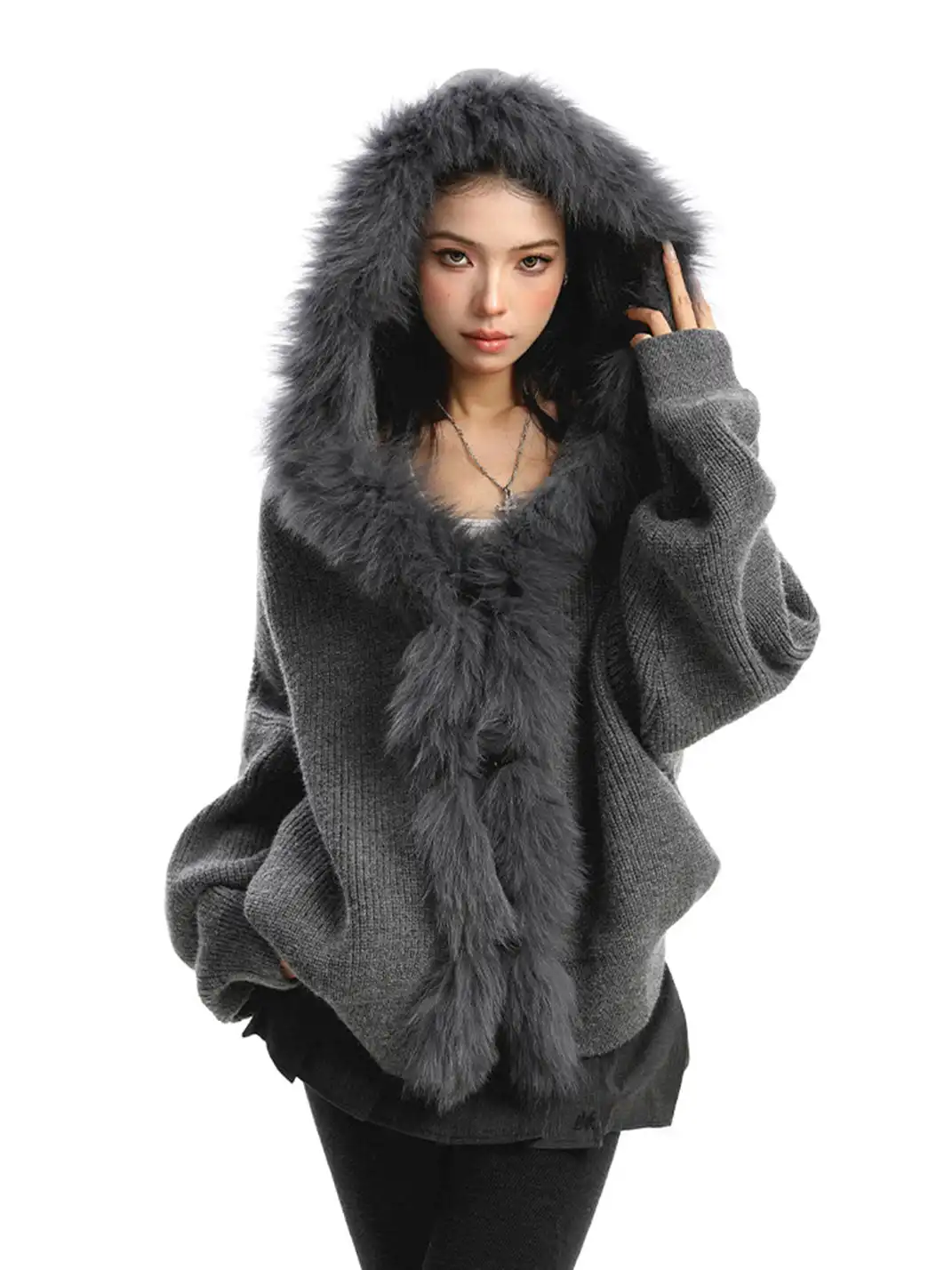 BIGGOLD | Fur Trimmed Hood Knit Sweater
