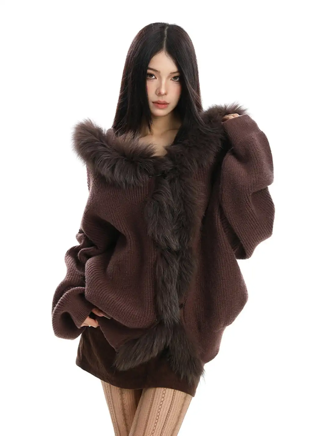 BIGGOLD | Fur Trimmed Hood Knit Sweater