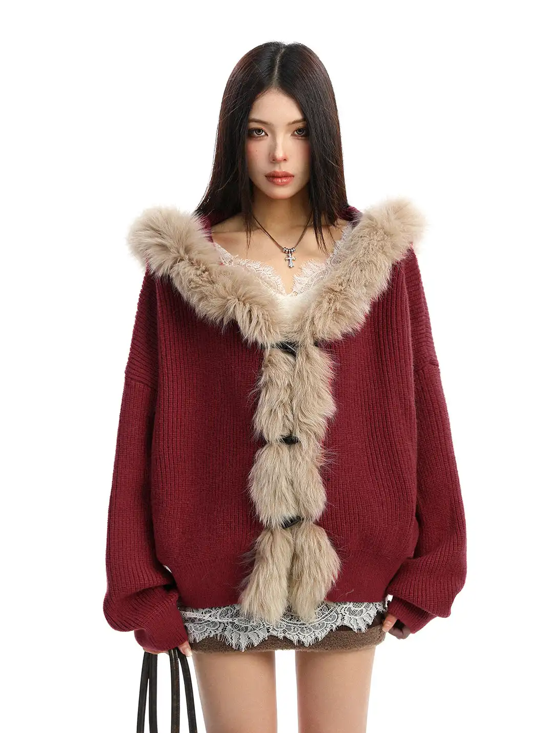BIGGOLD | Fur Trimmed Hood Knit Sweater