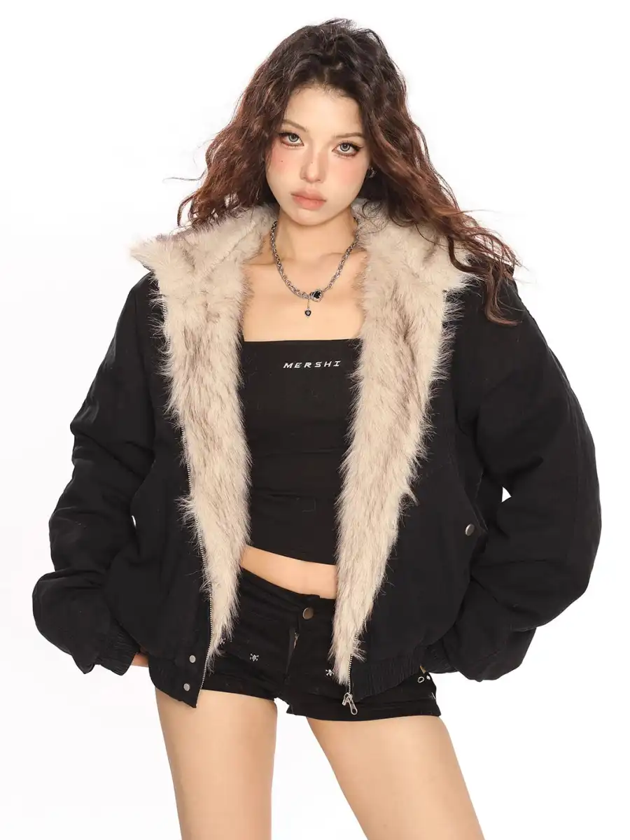 BIGGOLD | Retro Hooded Cotton Coat with Fur Collar - 2