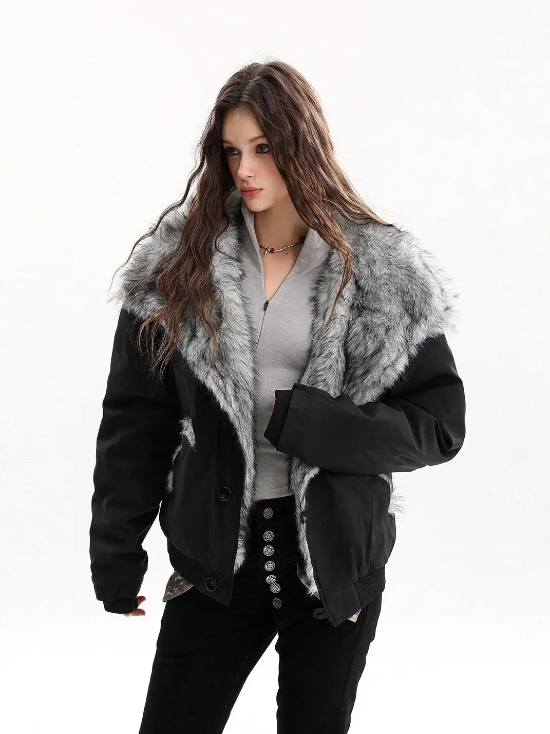 BIGGOLD | Oversized Collared Cotton Coat with Fur Trim