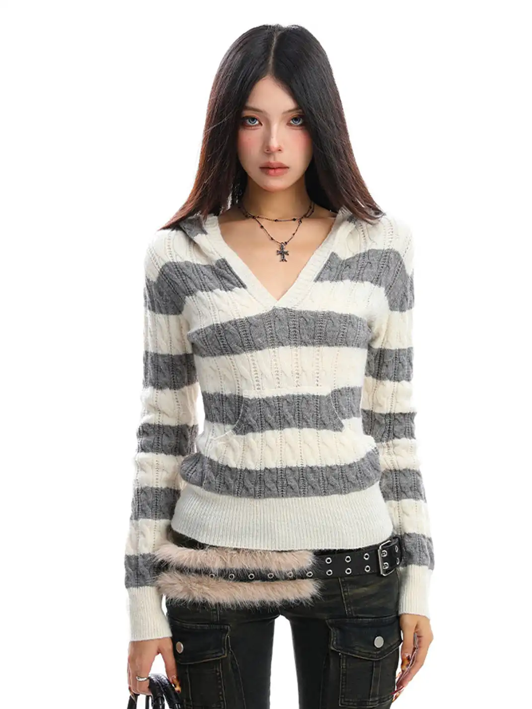 BIGGOLD | Color-Blocked Striped V-Neck Hooded Knit Sweater