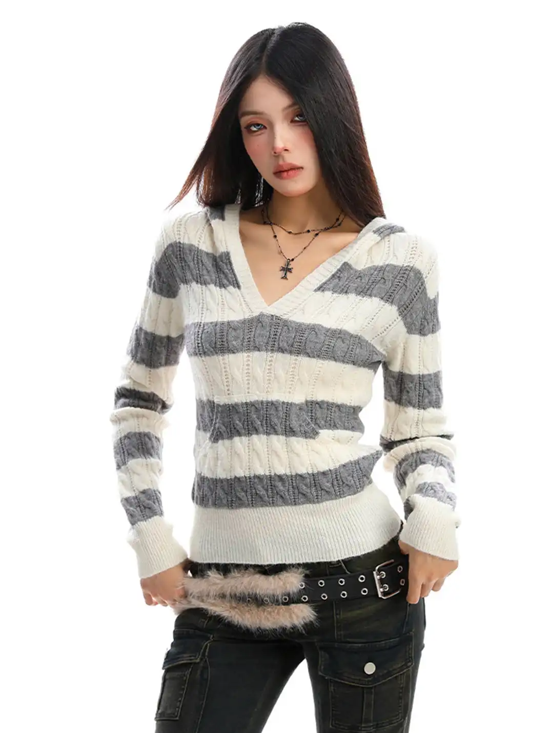 BIGGOLD | Color-Blocked Striped V-Neck Hooded Knit Sweater