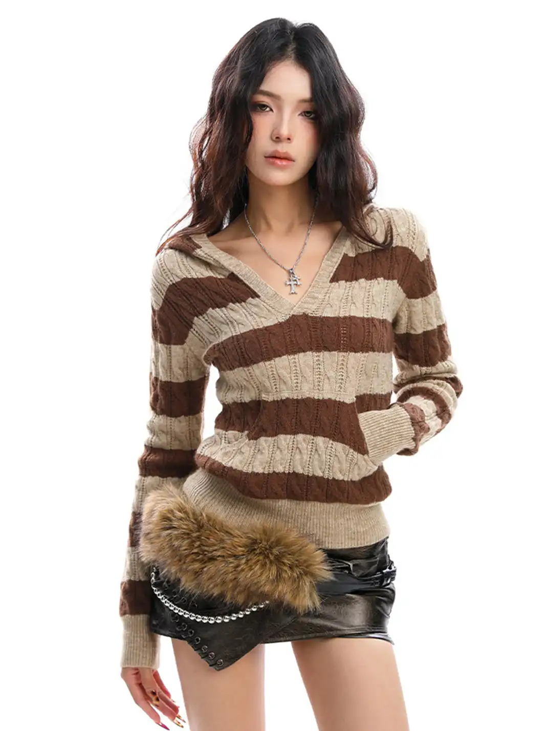 BIGGOLD | Color-Blocked Striped V-Neck Hooded Knit Sweater