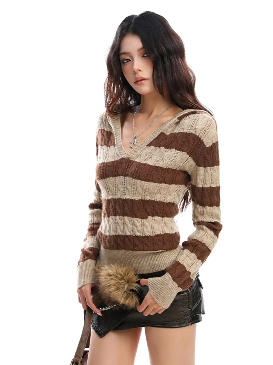 BIGGOLD | Color-Blocked Striped V-Neck Hooded Knit Sweater