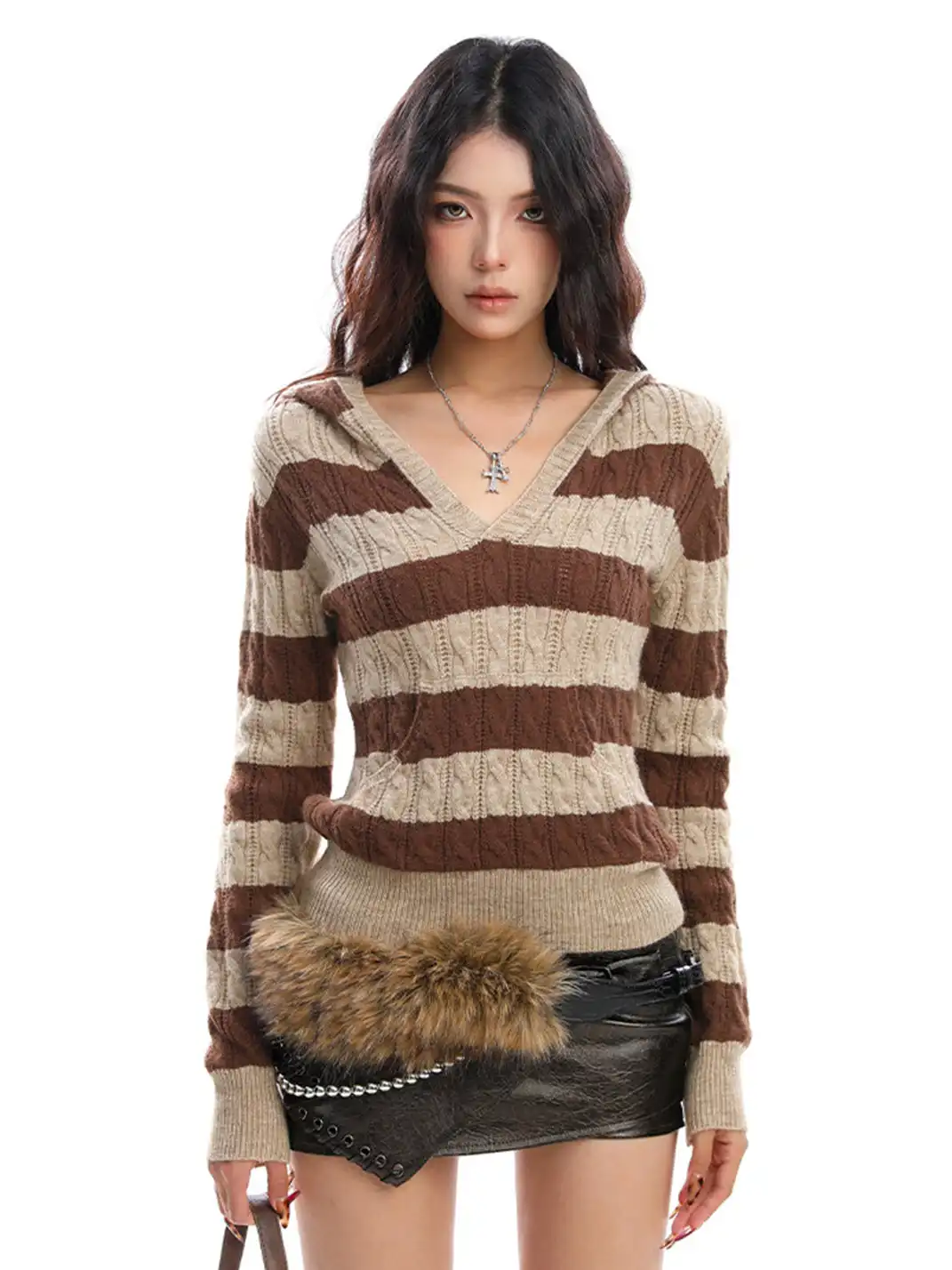 BIGGOLD | Color-Blocked Striped V-Neck Hooded Knit Sweater