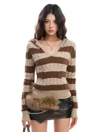 BIGGOLD | Color-Blocked Striped V-Neck Hooded Knit Sweater