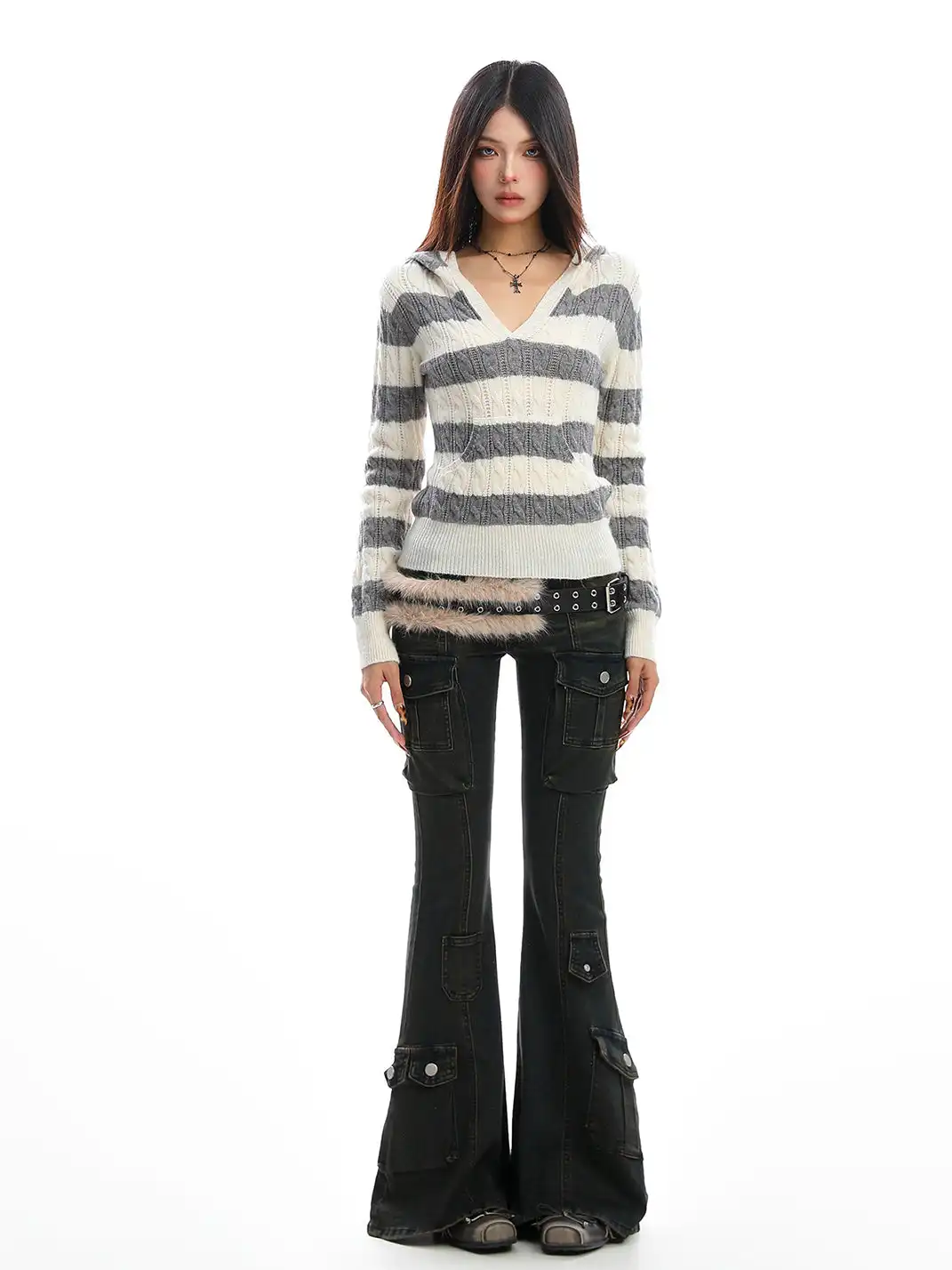 BIGGOLD | Color-Blocked Striped V-Neck Hooded Knit Sweater