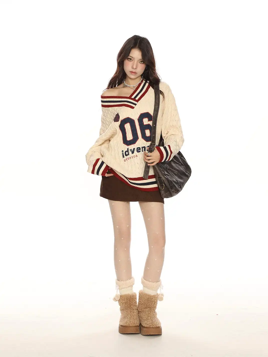 BIGGOLD | Color-Blocked V-Neck Cable Knit Sweater