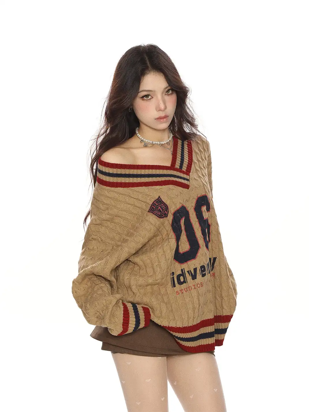 BIGGOLD | Color-Blocked V-Neck Cable Knit Sweater