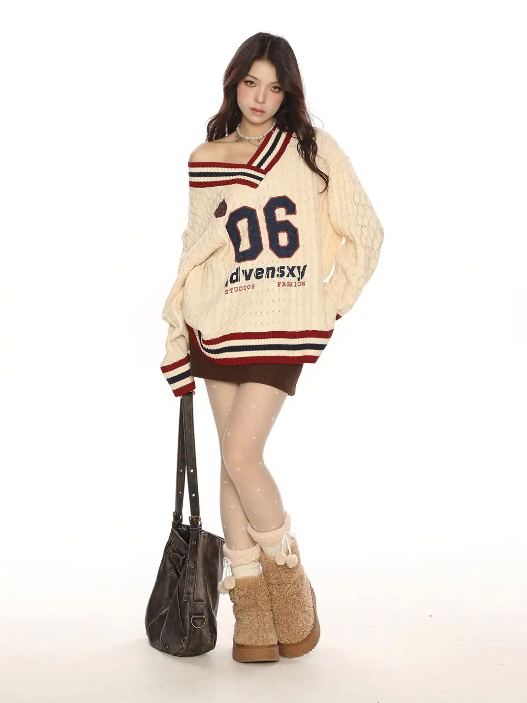 BIGGOLD | Color-Blocked V-Neck Cable Knit Sweater