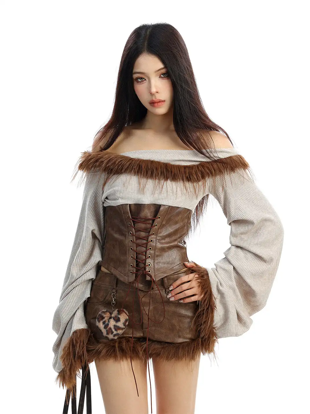 BIGGOLD | Fur Collar Off-Shoulder Long Sleeves