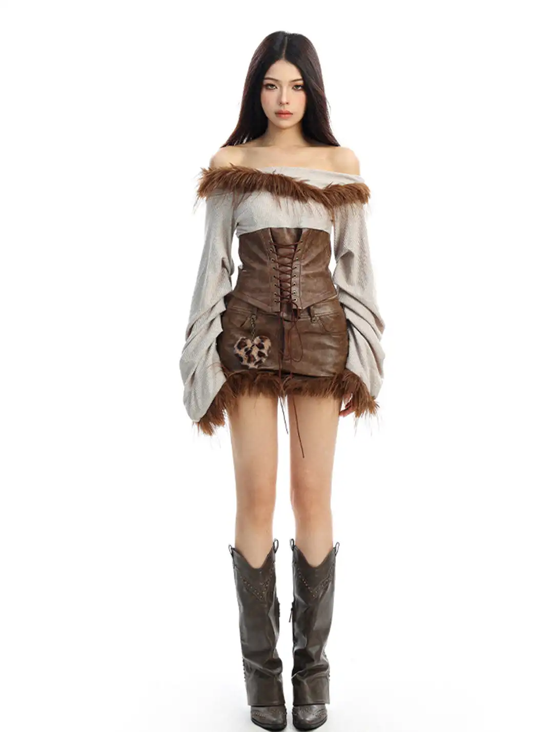 BIGGOLD | Fur Collar Off-Shoulder Long Sleeves