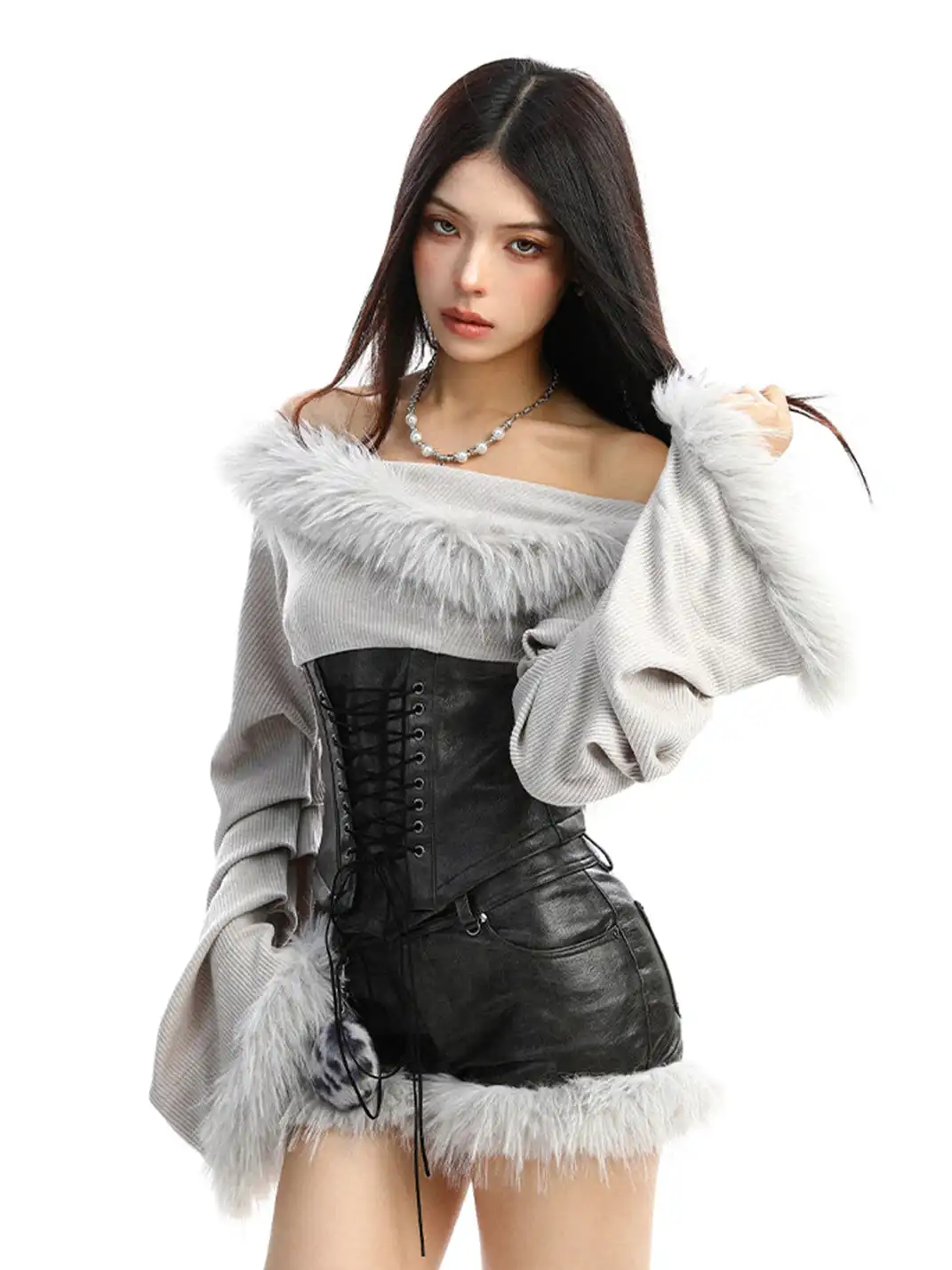 BIGGOLD | Fur Collar Off-Shoulder Long Sleeves