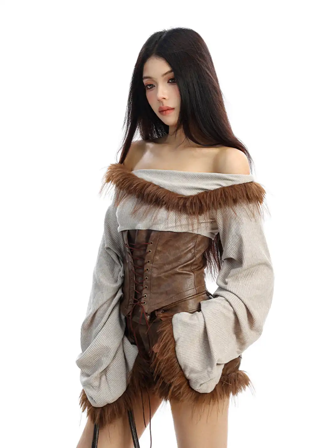 BIGGOLD | Fur Collar Off-Shoulder Long Sleeves