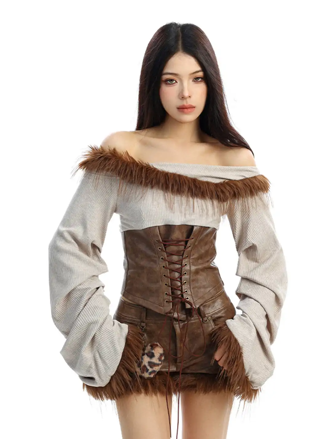 BIGGOLD | Fur Collar Off-Shoulder Long Sleeves