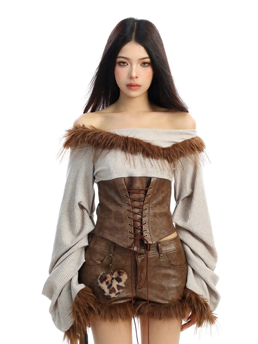 BIGGOLD | Fur Collar Off-Shoulder Long Sleeves