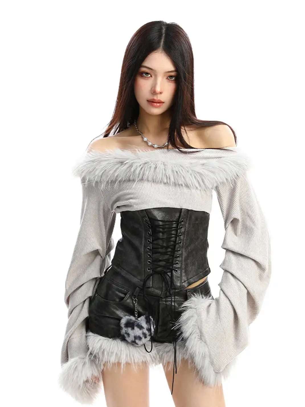BIGGOLD | Fur Collar Off-Shoulder Long Sleeves