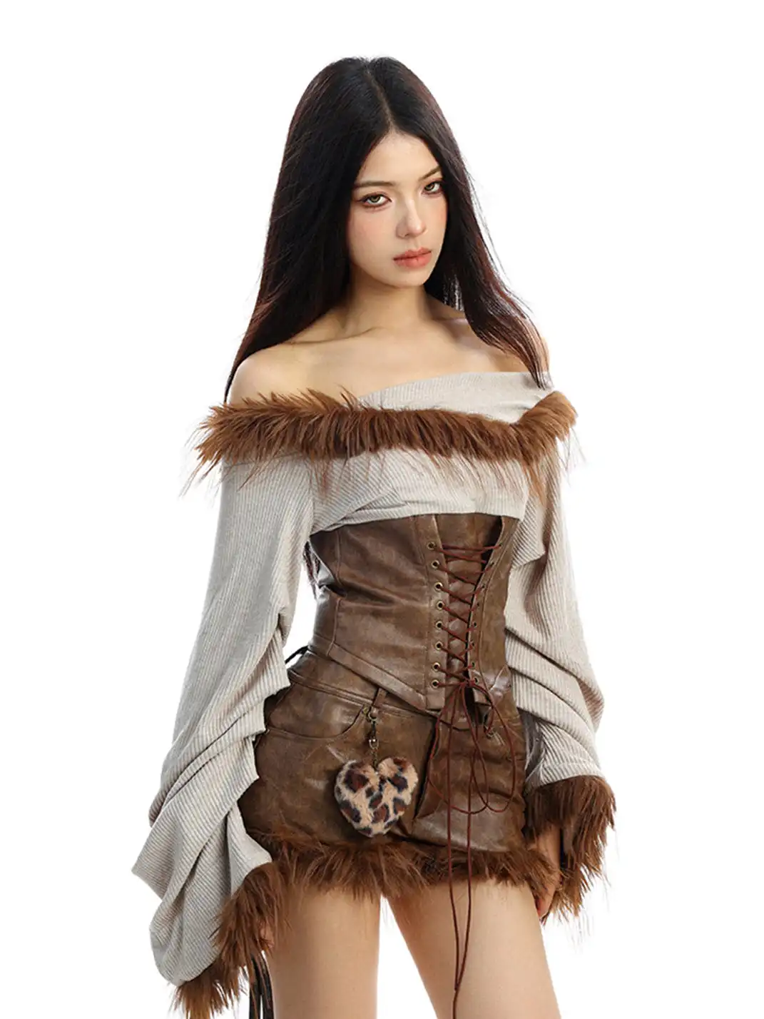 BIGGOLD | Fur Collar Off-Shoulder Long Sleeves