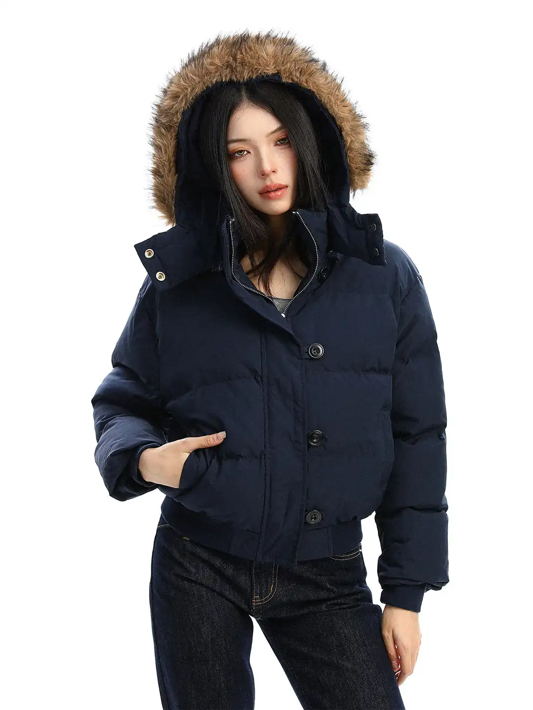 BIGGOLD | Detachable Fur-Trimmed Hooded Short Cotton Jacket