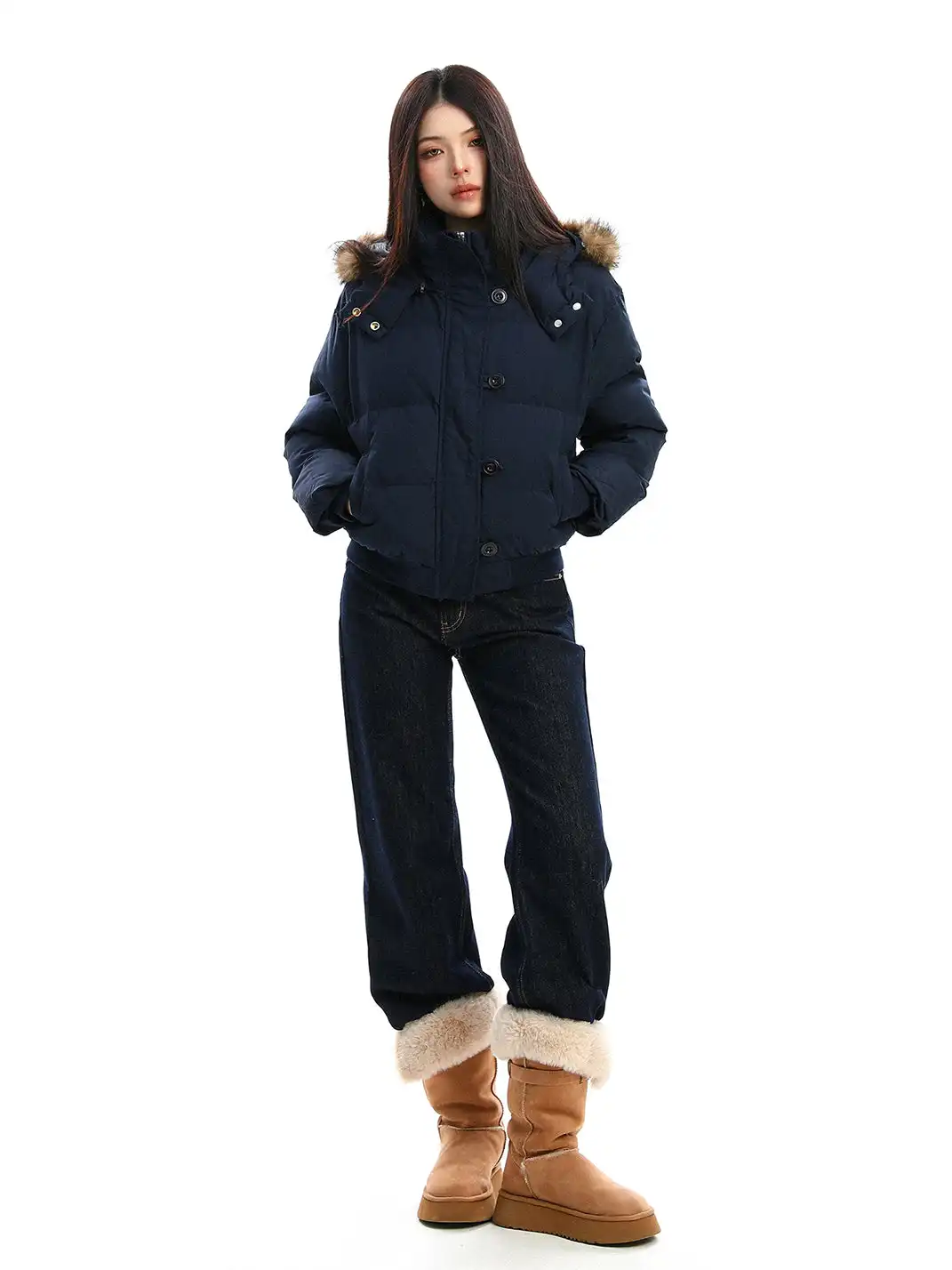 BIGGOLD | Detachable Fur-Trimmed Hooded Short Cotton Jacket