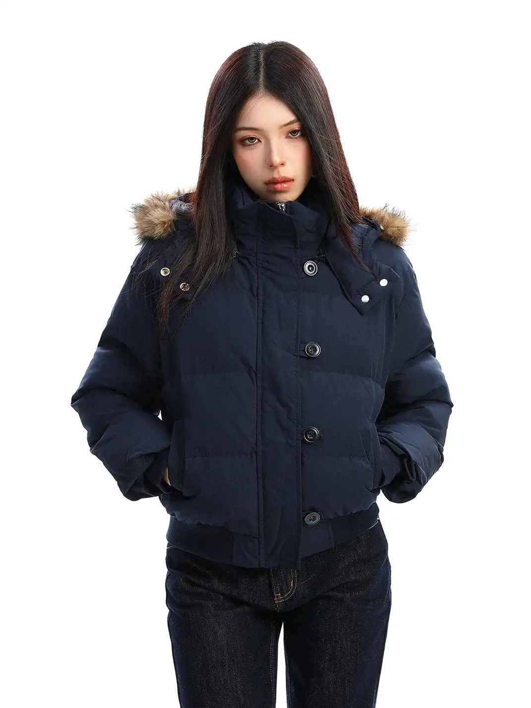 BIGGOLD | Detachable Fur-Trimmed Hooded Short Cotton Jacket