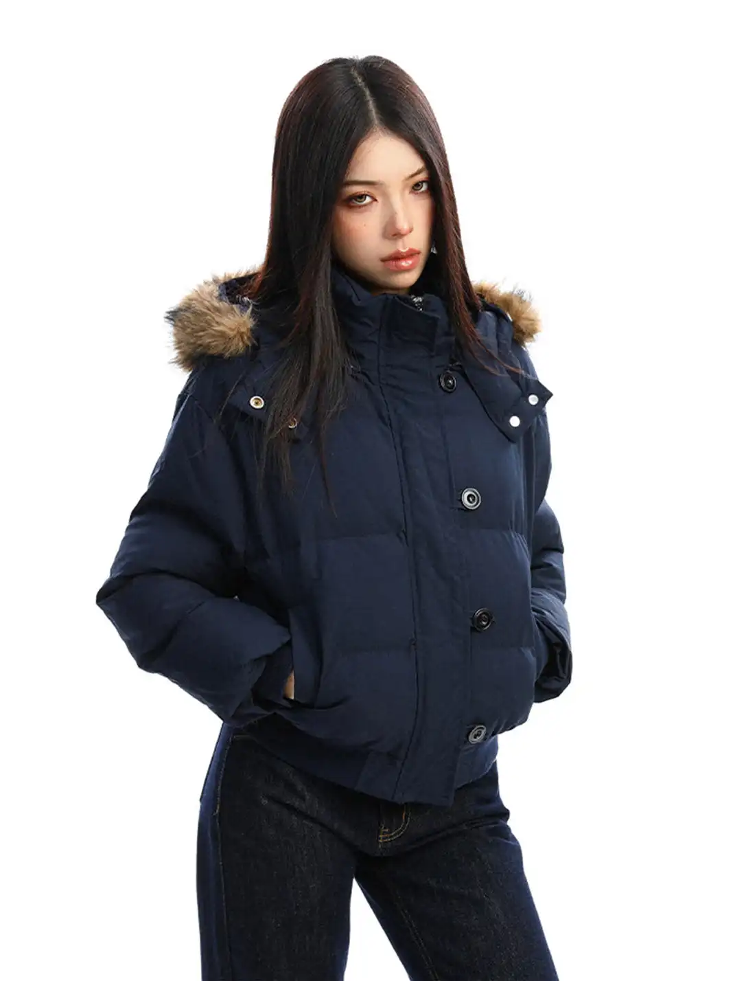 BIGGOLD | Detachable Fur-Trimmed Hooded Short Cotton Jacket
