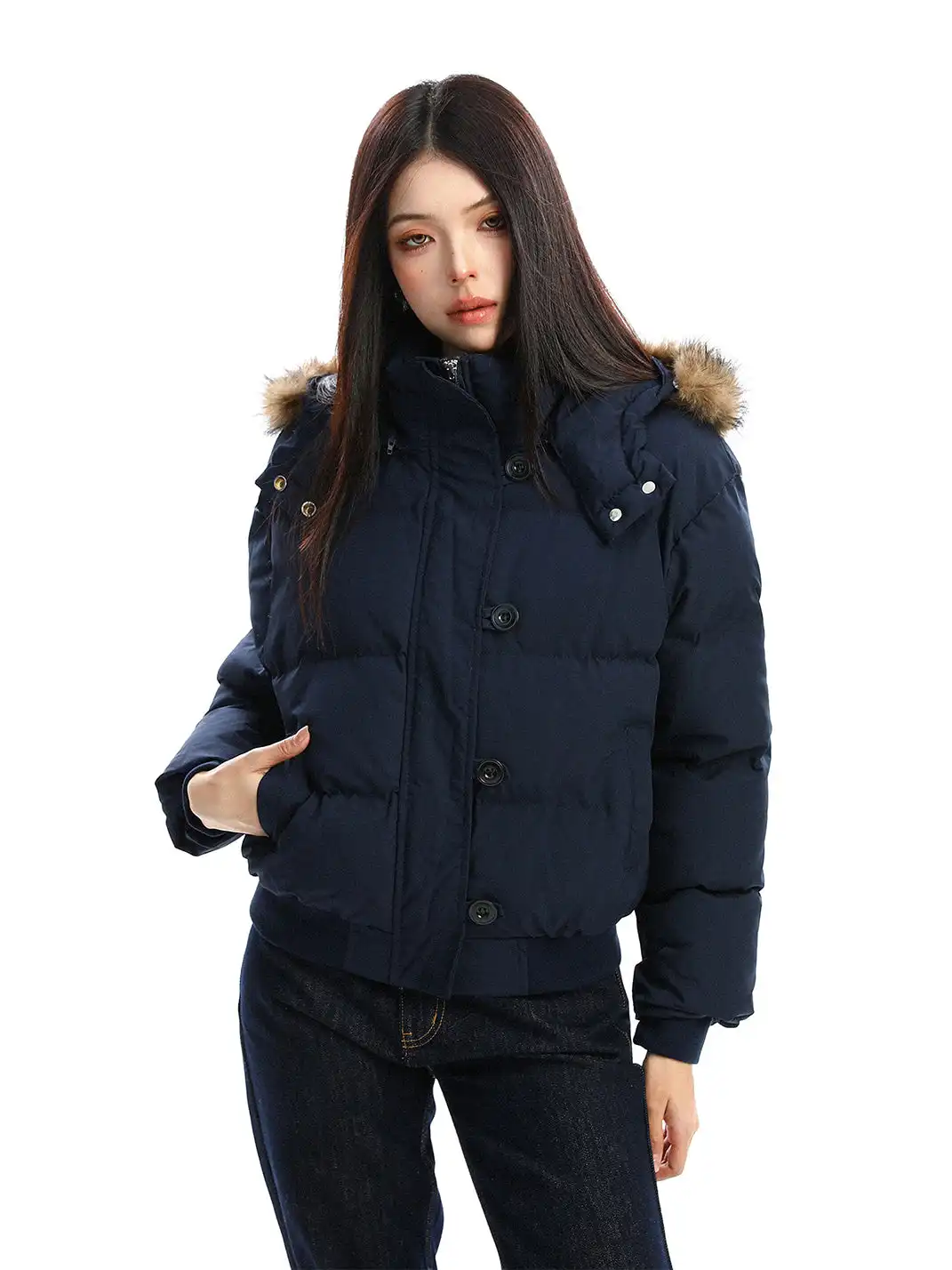 BIGGOLD | Detachable Fur-Trimmed Hooded Short Cotton Jacket