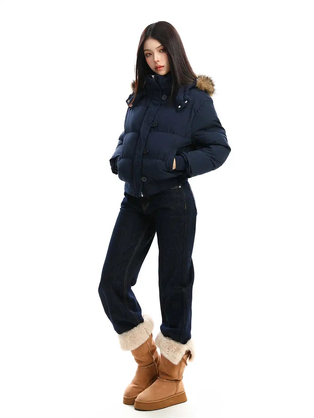 BIGGOLD | Detachable Fur-Trimmed Hooded Short Cotton Jacket