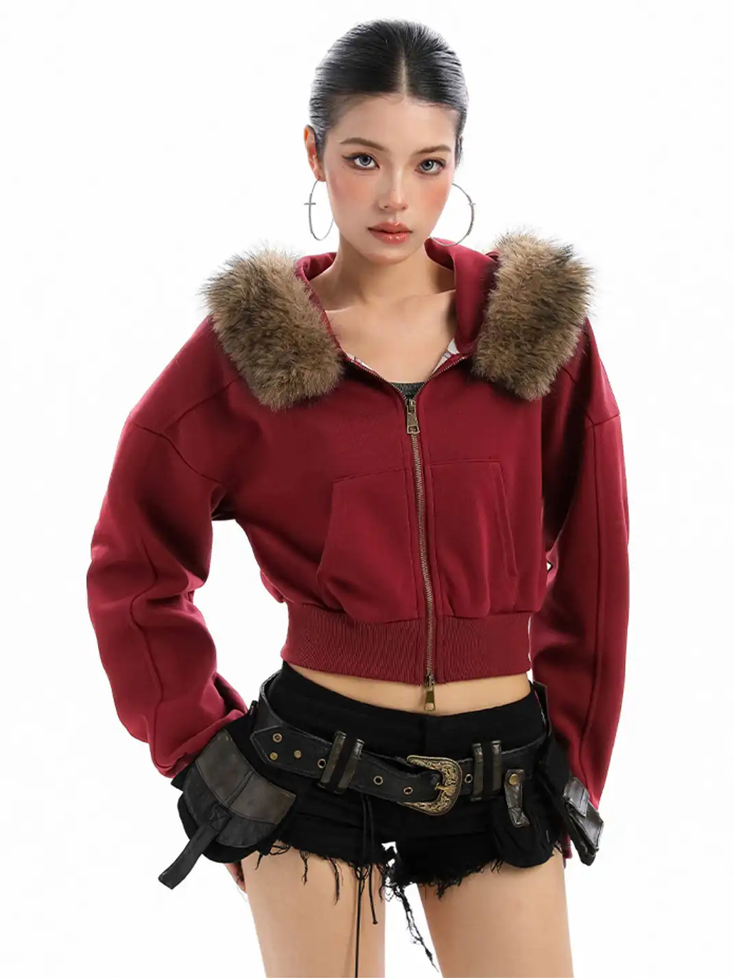 BIGGOLD | Fur-Collar Hooded Cropped Sweatshirt