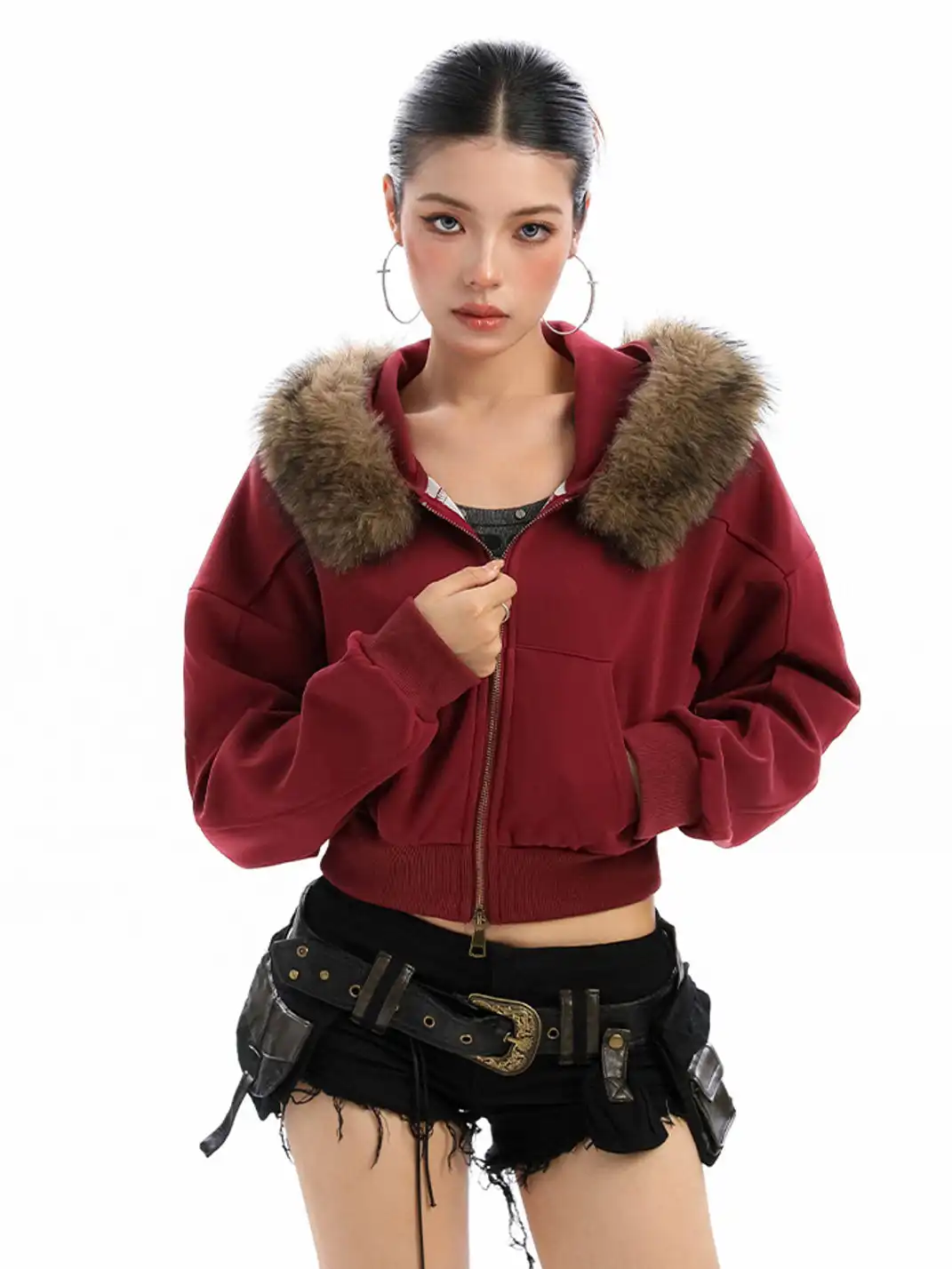 BIGGOLD | Fur-Collar Hooded Cropped Sweatshirt