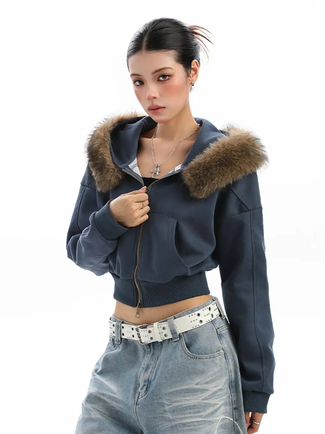 BIGGOLD | Fur-Collar Hooded Cropped Sweatshirt