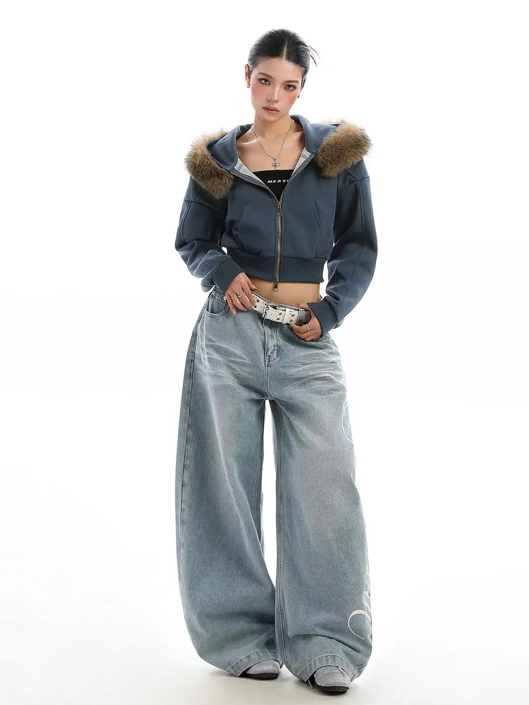 BIGGOLD | Fur-Collar Hooded Cropped Sweatshirt