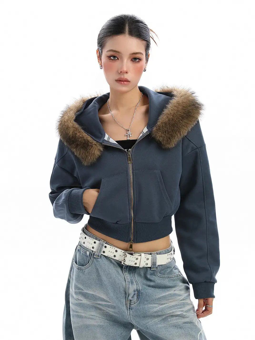 BIGGOLD | Fur-Collar Hooded Cropped Sweatshirt
