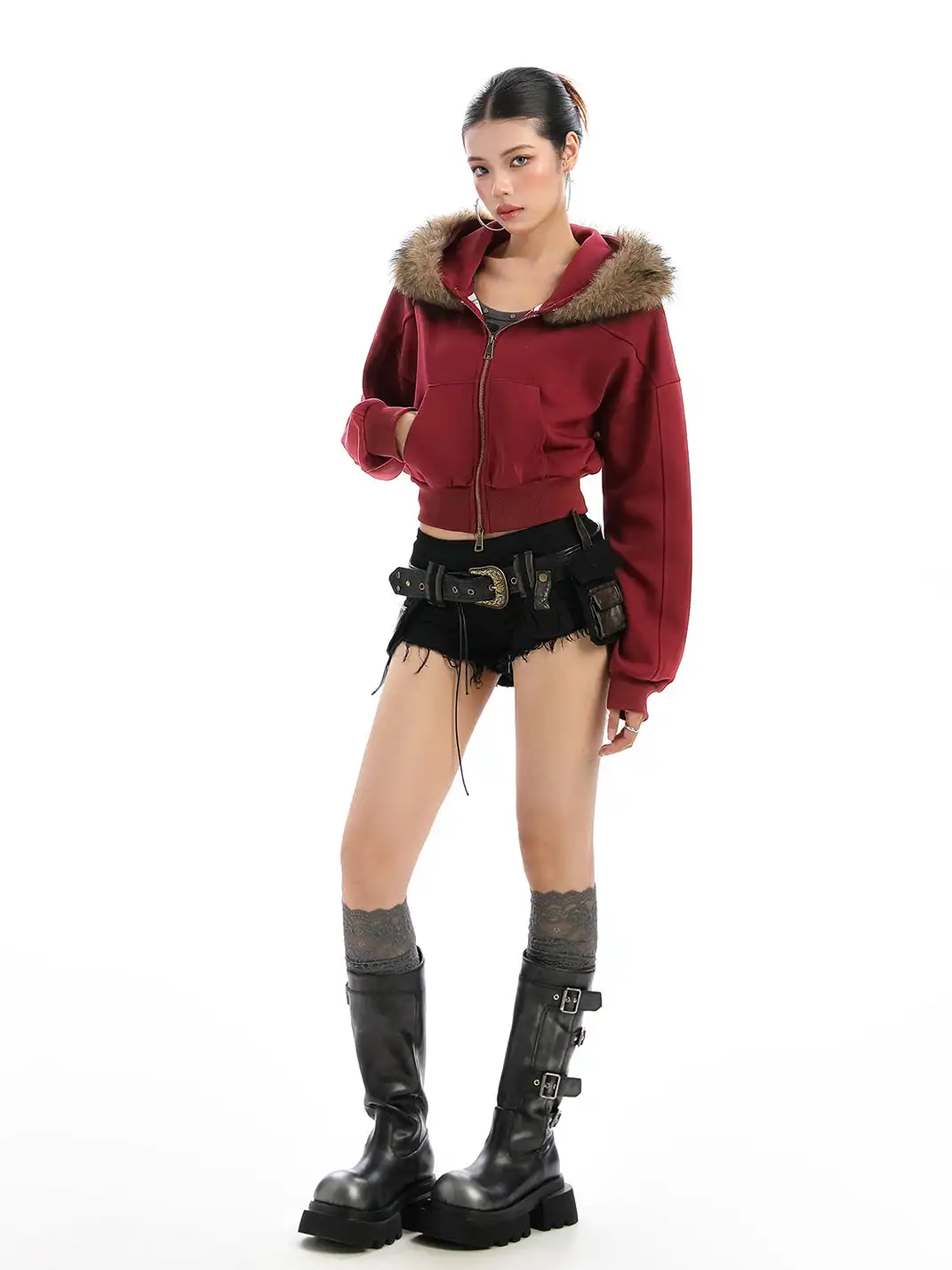 BIGGOLD | Fur-Collar Hooded Cropped Sweatshirt