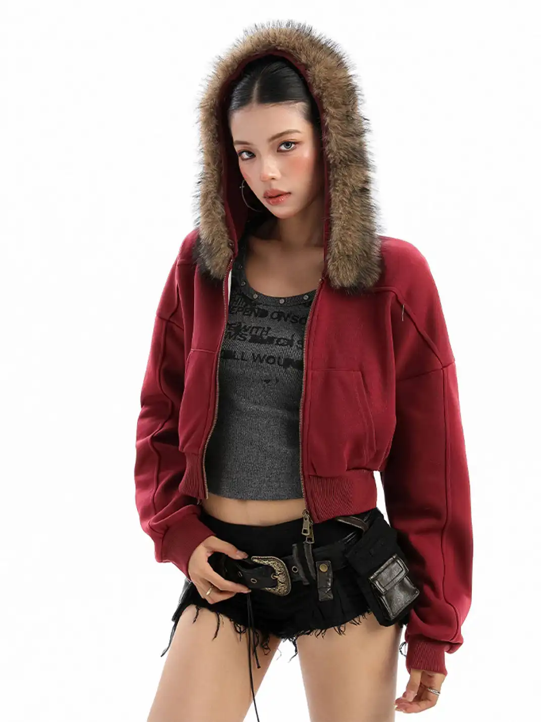 BIGGOLD | Fur-Collar Hooded Cropped Sweatshirt