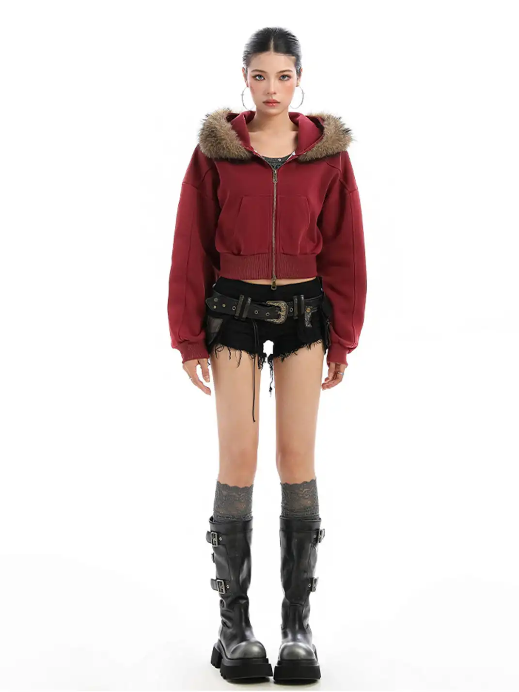 BIGGOLD | Fur-Collar Hooded Cropped Sweatshirt