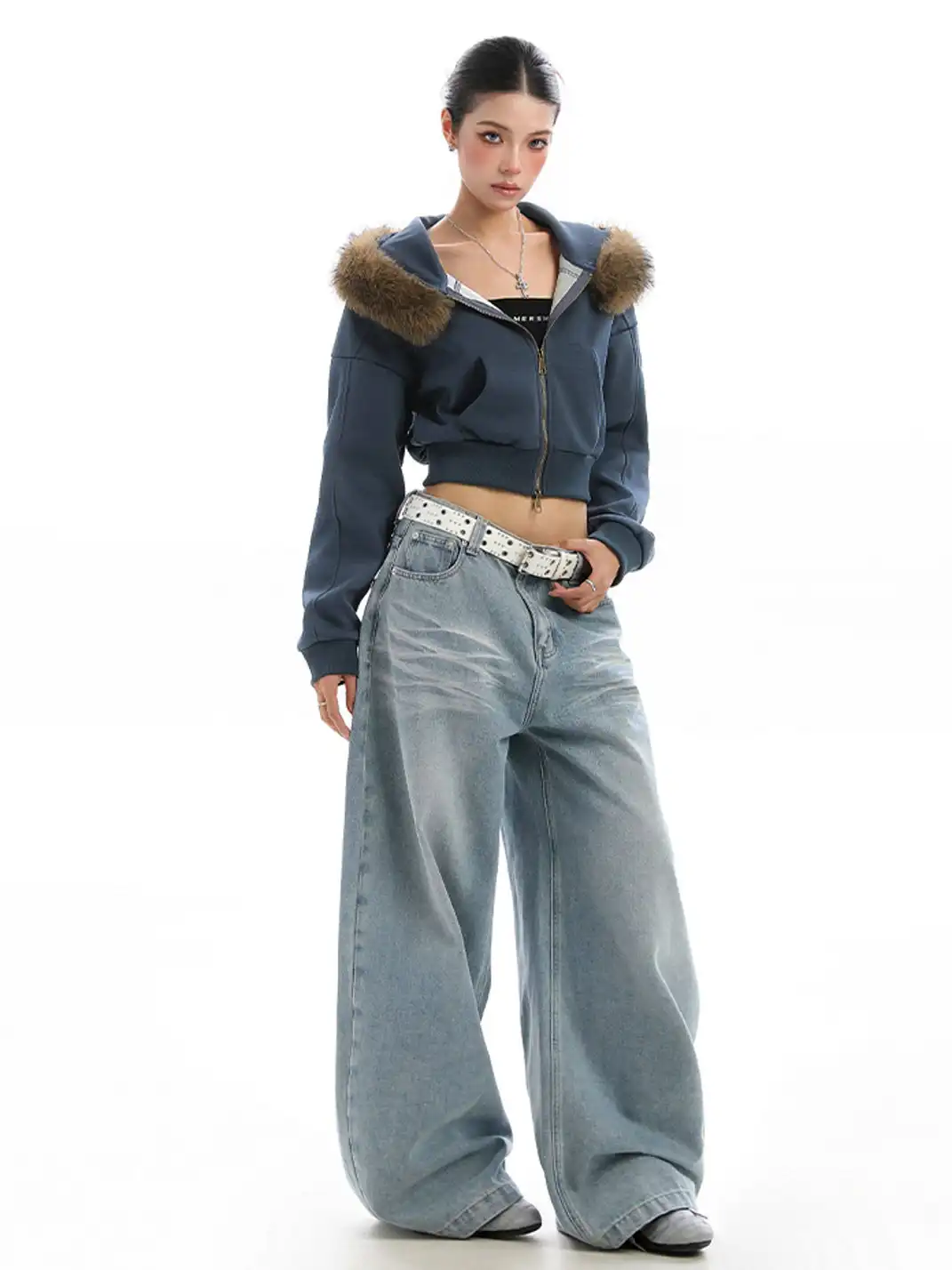 BIGGOLD | Fur-Collar Hooded Cropped Sweatshirt