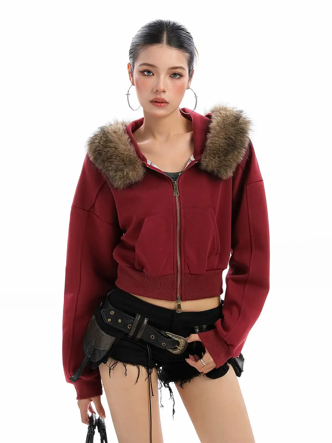BIGGOLD | Fur-Collar Hooded Cropped Sweatshirt