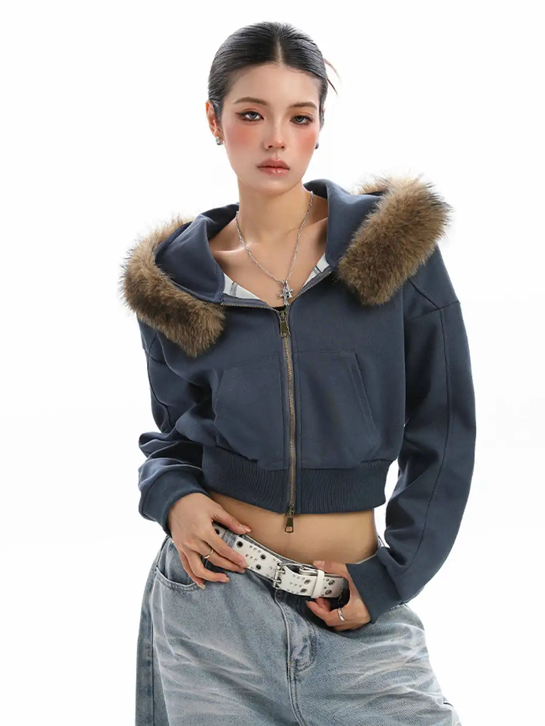 BIGGOLD | Fur-Collar Hooded Cropped Sweatshirt