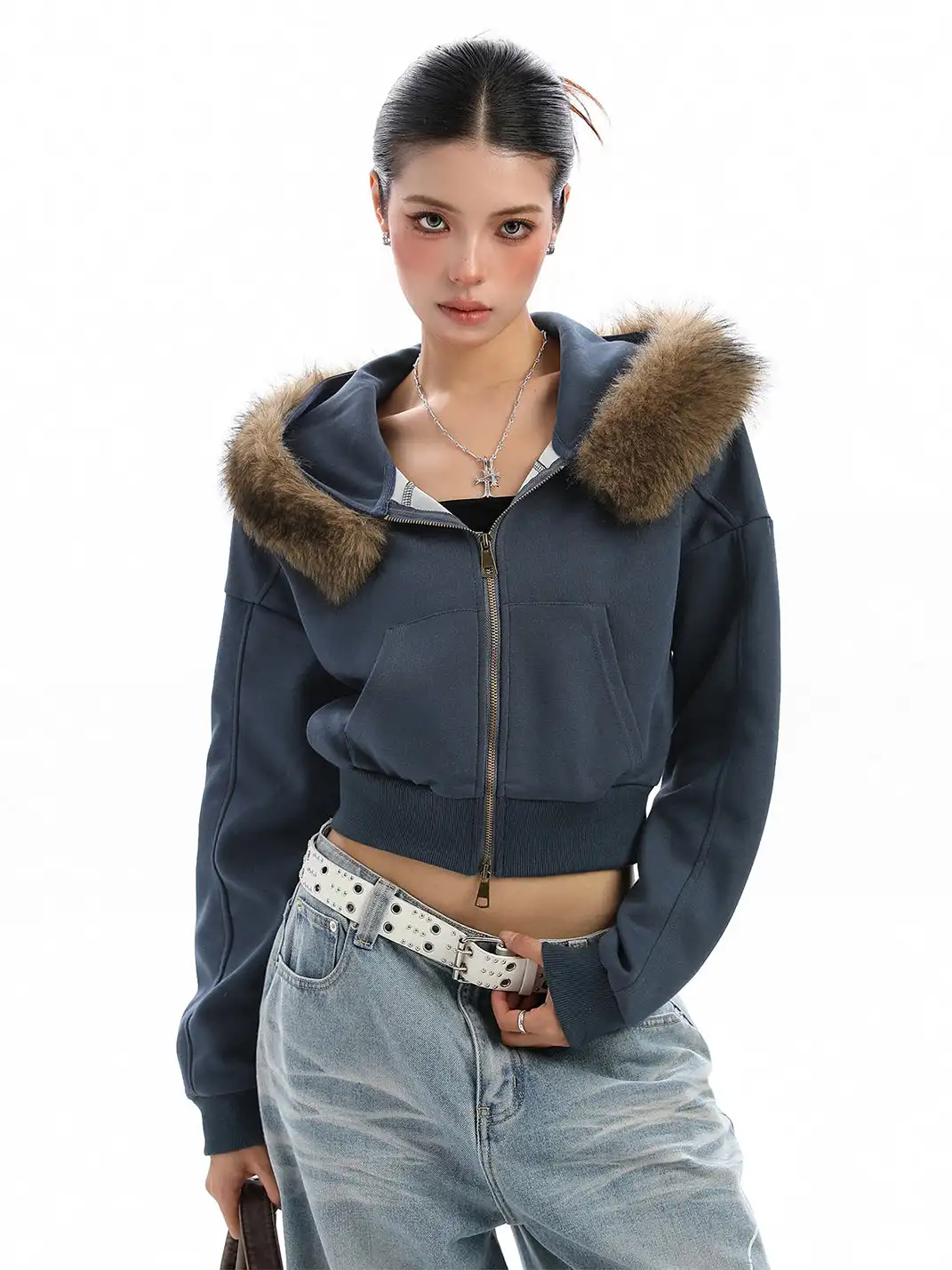 BIGGOLD | Fur-Collar Hooded Cropped Sweatshirt