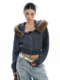BIGGOLD | Fur-Collar Hooded Cropped Sweatshirt
