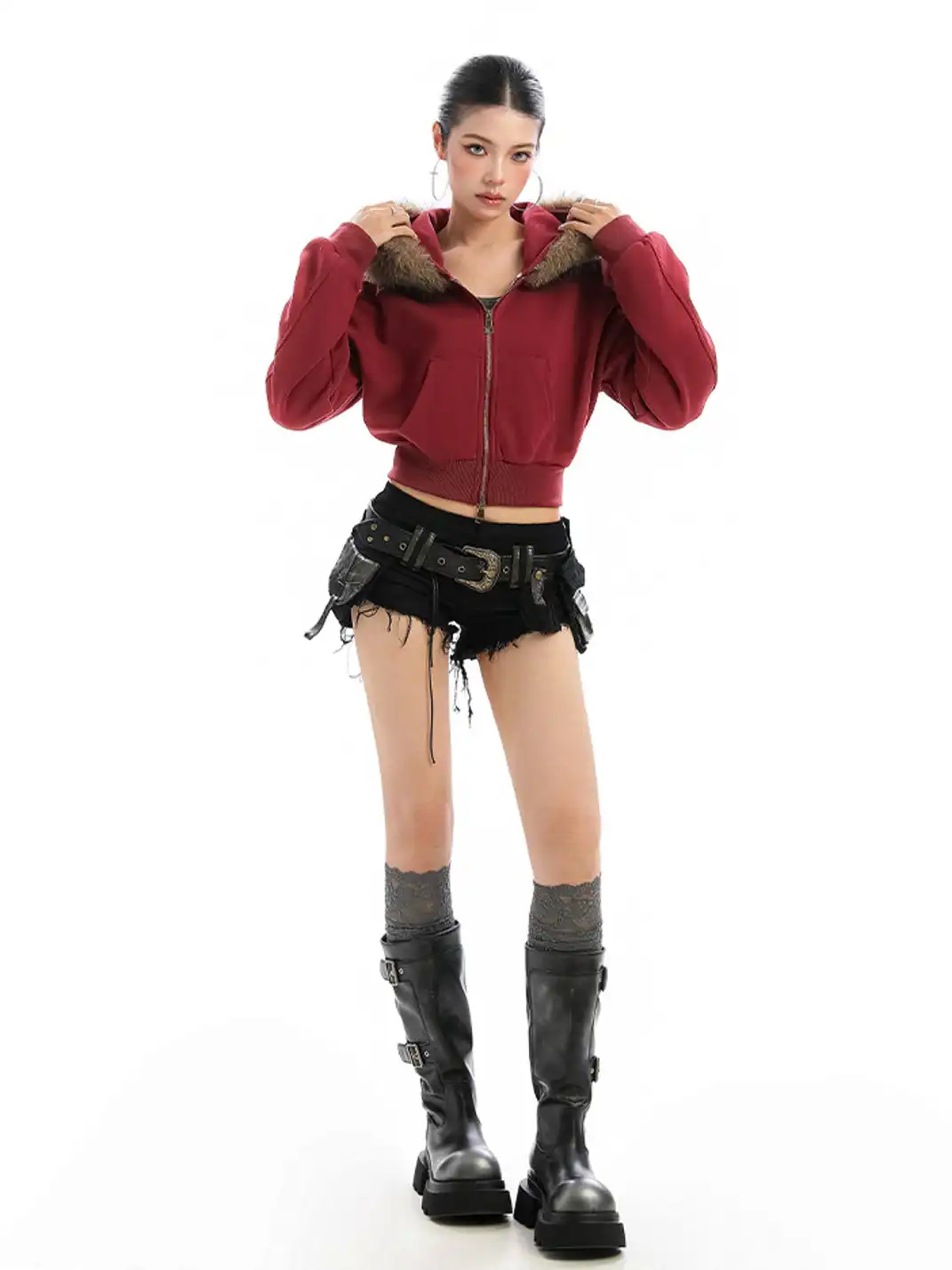 BIGGOLD | Fur-Collar Hooded Cropped Sweatshirt