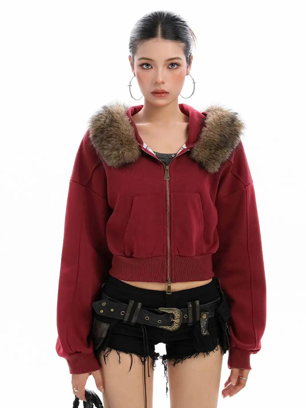 BIGGOLD | Fur-Collar Hooded Cropped Sweatshirt