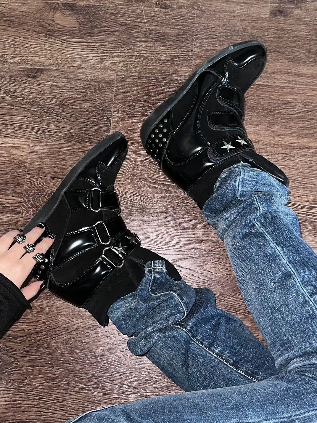 noEmosen | Patent Leather Retro Studded Wedge Heels